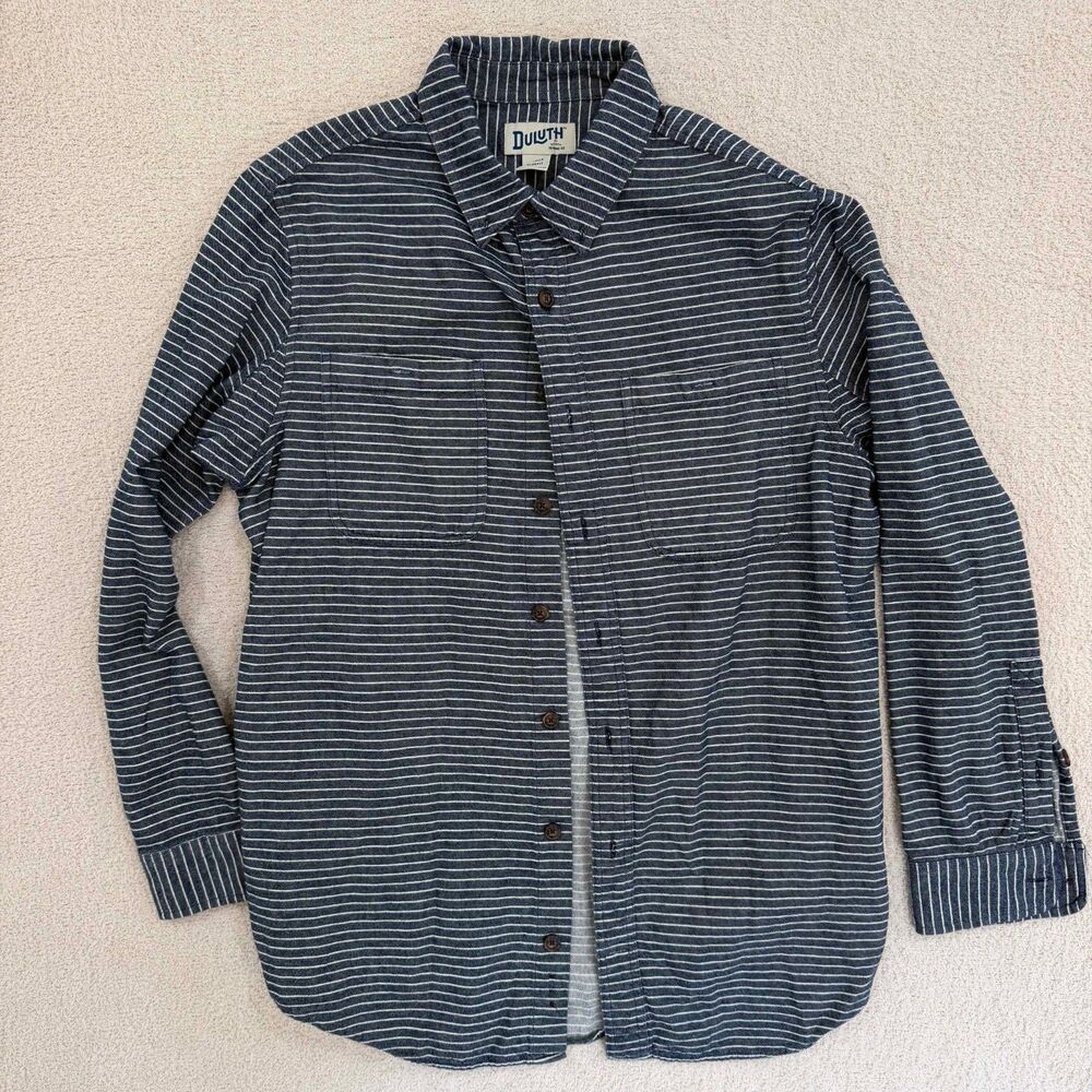 Duluth Trading Slim Fit Button Up Shirt Mens LT Large Tall Navy Striped Twill